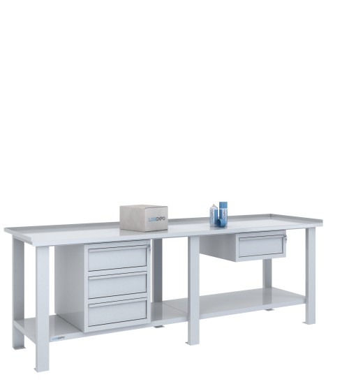 Tavolo da lavoro per officina 2500x700 con quattro cassetti in due moduli, colore grigio chiaro
