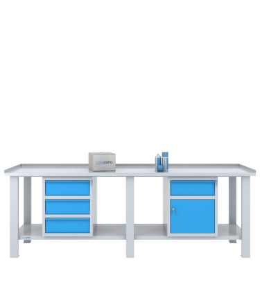 TAVOLO OFFICINA 2500x700x860h con 4 cassetti e 1 sportello 2