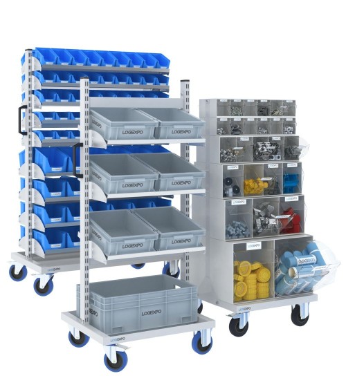 Carrelli con contenitori e cassette