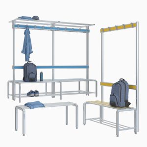 Panche Spogliatoio in Alluminio e HPL accessoriabili con schienali, cappelliere, portaborse, appendiabiti e portascarpe.