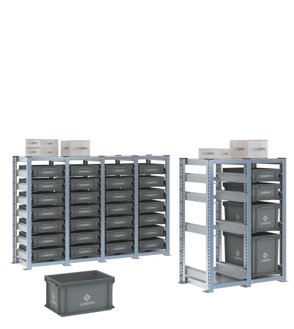 Scaffali H1000 con contenitori Euro 400x300 estraibili su slitte in configurazioni da 1 a 4 campate