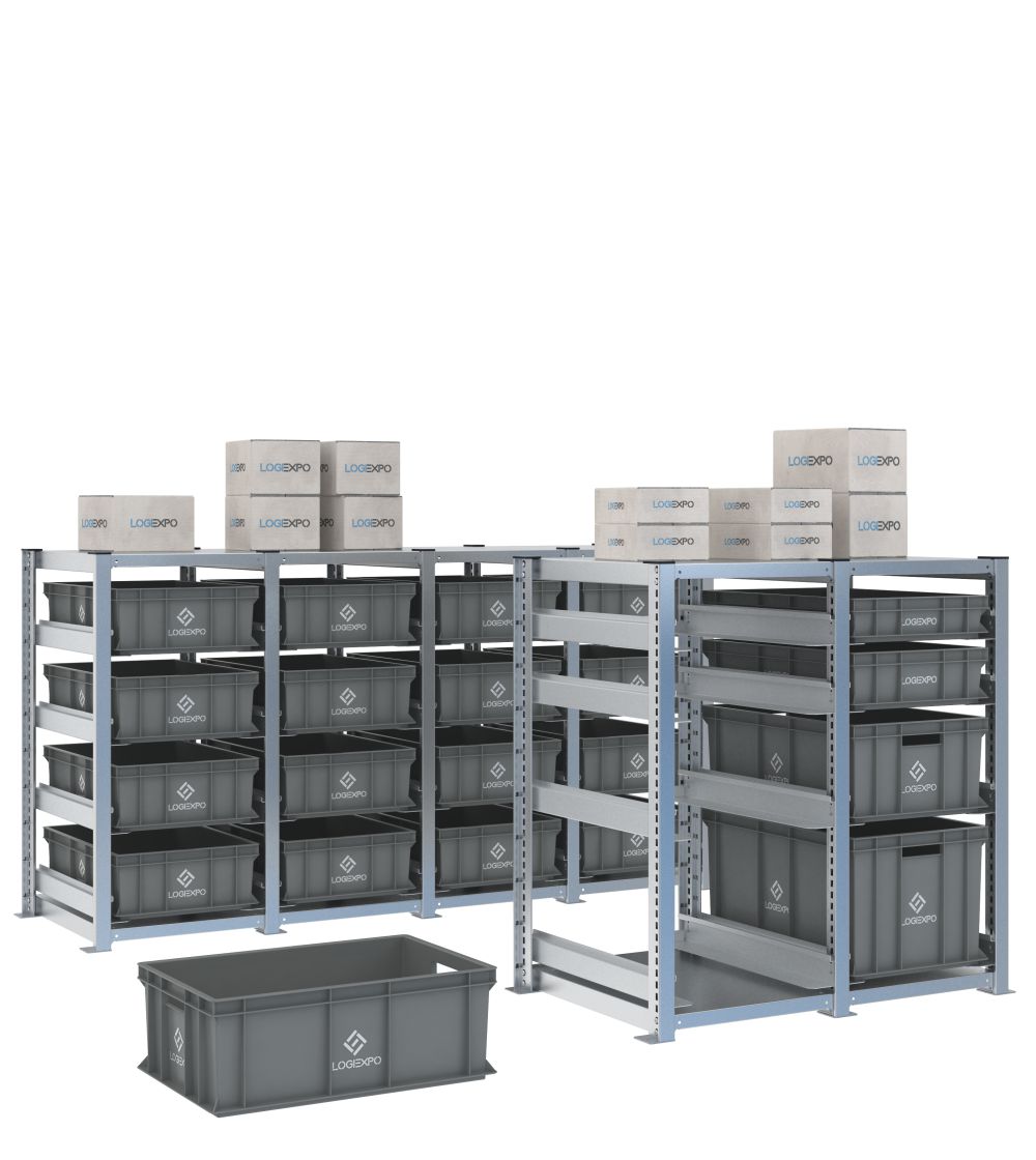Scaffali H1000 con contenitori Euro 600x400 estraibili su slitte in configurazioni da 1 a 4 campate