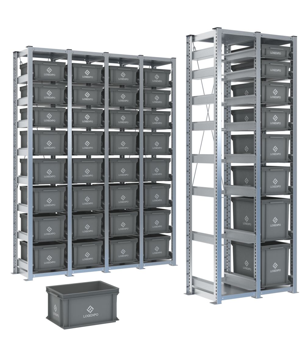 Scaffali H2000 con contenitori Euro 400x300 estraibili su slitte in configurazioni da 1 a 4 campate