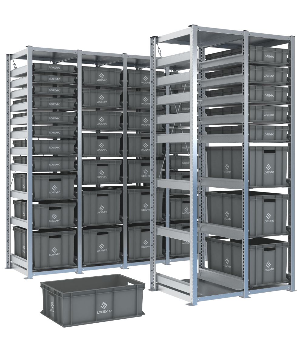Scaffali H2000 con contenitori Euro 600x400 estraibili su slitte in configurazioni da 1 a 4 campate