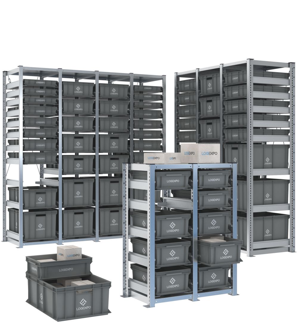 Sistema modulare di scaffali porta contenitori Euro 400x300 e 600x400 estraibili su slitte per picking manuale