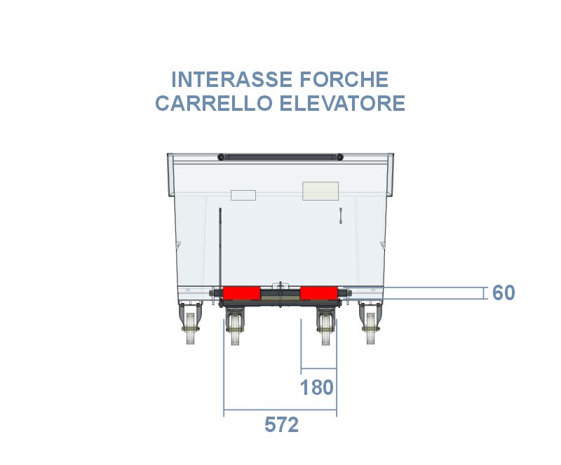 Schema interasse forche per benna ribaltabile da 750 litri – Linea porta rottami con ruote e vasca stagna inforcabile con muletto.