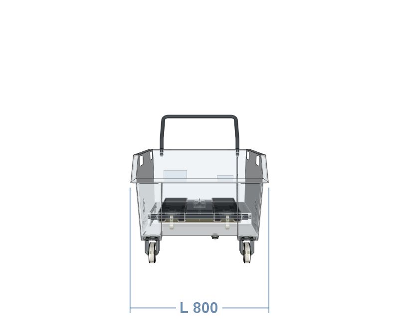 Larghezza frontale della benna ribaltabile da 300 litri – Linea porta rottami con ruote e vasca stagna inforcabile con muletto.