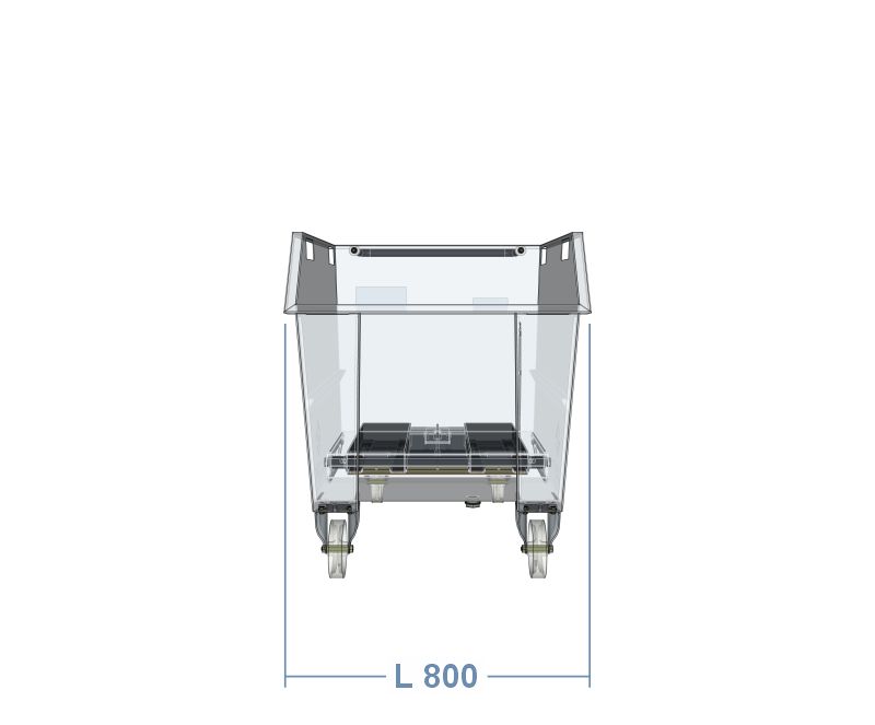 Larghezza frontale della benna ribaltabile da 500 litri &ndash; Linea porta rottami con ruote e vasca stagna inforcabile con muletto.