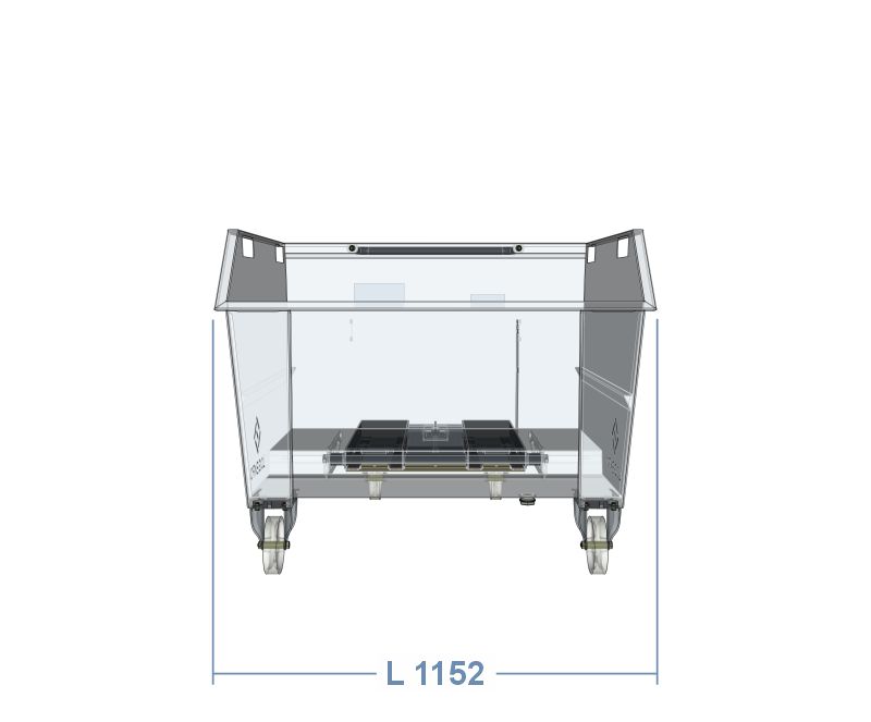 Larghezza frontale della benna ribaltabile da 750 litri – Linea porta rottami con ruote e vasca stagna inforcabile con muletto.