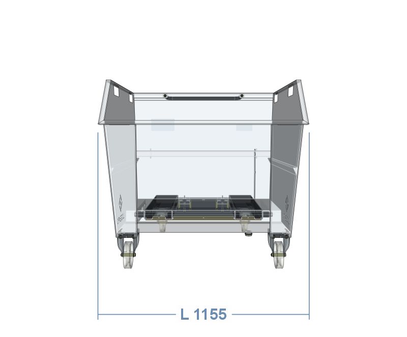 Larghezza frontale del contenitore porta rottami da 1000 litri – Linea benne ribaltabili con ruote e inforcabili con carrello elevatore.