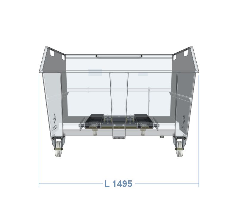 Larghezza frontale del contenitore porta rottami da 1350 litri &ndash; Linea benne ribaltabili con ruote e inforcabili con carrello elevatore.