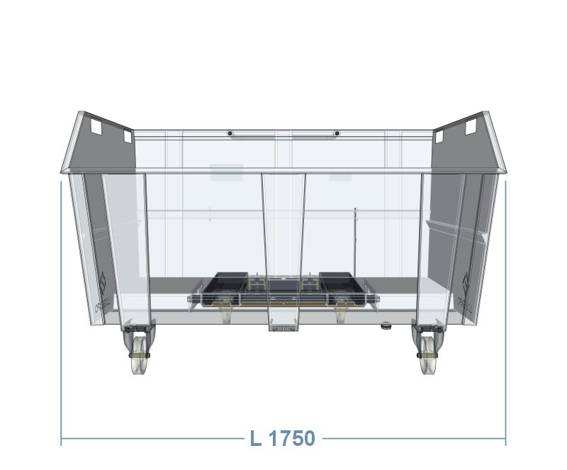 Larghezza frontale del contenitore porta rottami da 1600 litri – Linea benne ribaltabili con ruote e inforcabili con carrello elevatore.