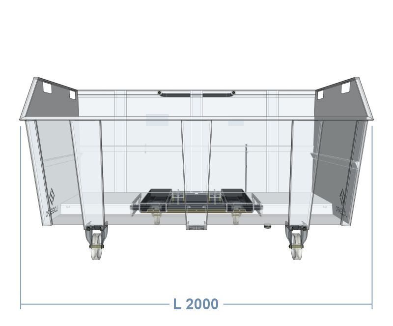 Larghezza frontale del contenitore porta rottami da 2000 litri – Linea benne ribaltabili con ruote e inforcabili con carrello elevatore.
