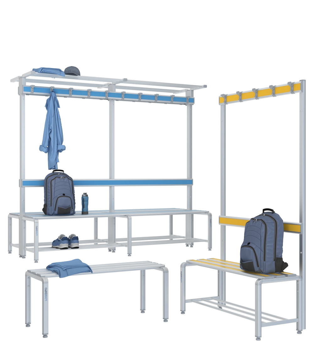Panche Spogliatoio in Alluminio e HPL sia singole che doppie contrapposte componibili con schienali, cappelliere portaborse, appendiabiti e portascarpe.